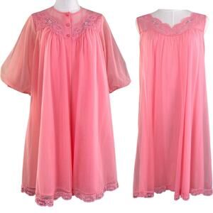 Vintage 60's Shadowline Coral Nylon Chiffon Peignoir Gown & Robe Set Size Small
